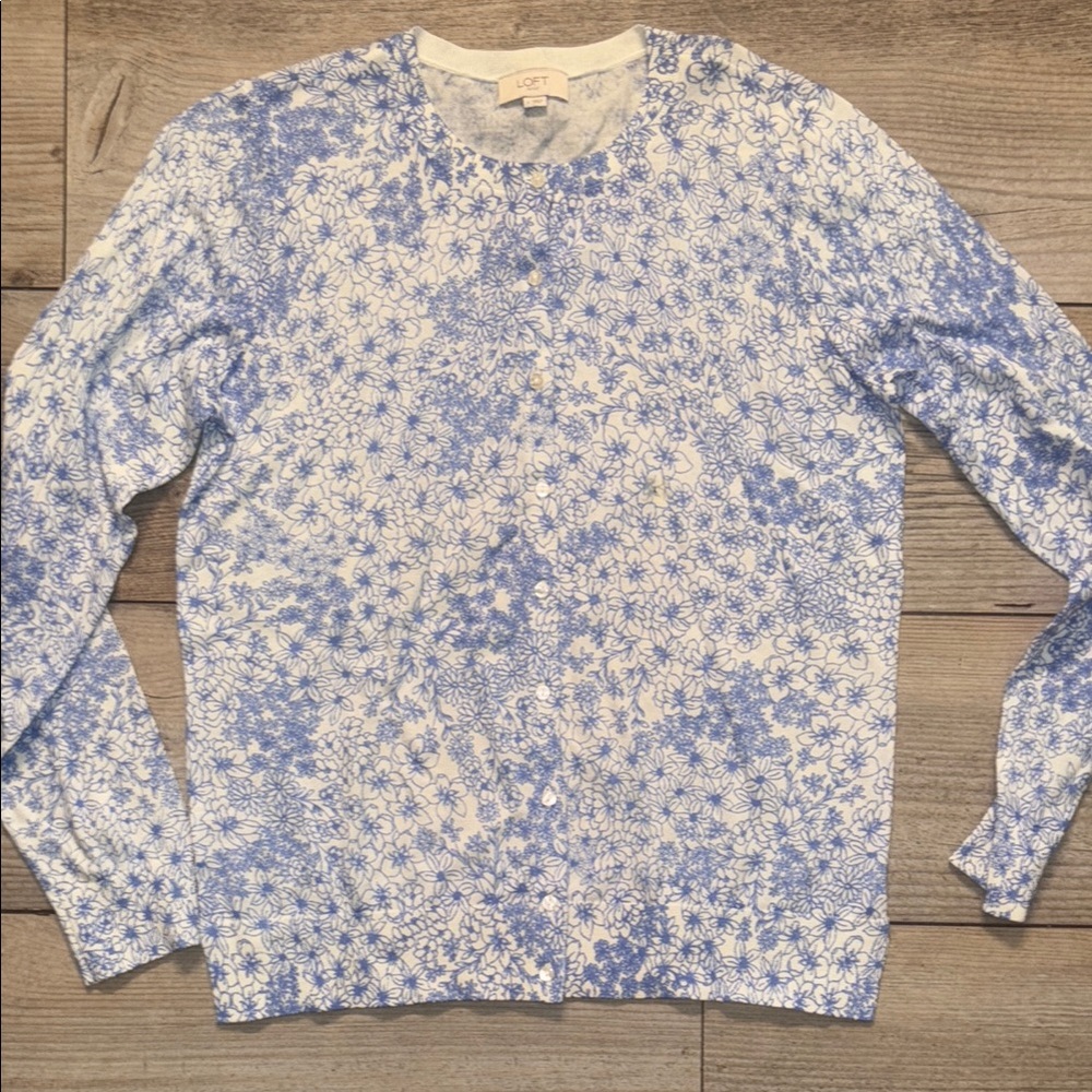LOFT Blue and White Cardigan Sweater Floral Large